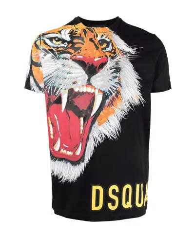 Dsquared2 Tiger-print Cotton T-shirt In Black