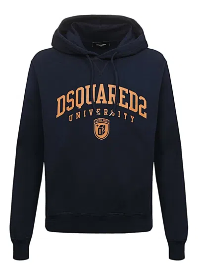Dsquared2 Fleeced Cotton Cool Fit Hoodie With Printed Logo In Blue