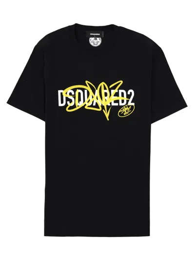 Dsquared2 Contrasting Graphic Logo Cotton T-shirt In Black