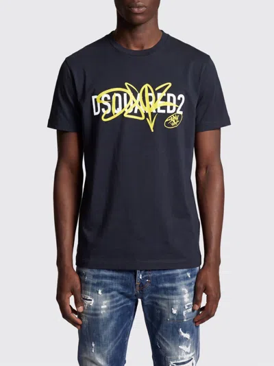 Dsquared2 Slim Fit Cotton T-shirt With Contrasting Logo Print In Blue
