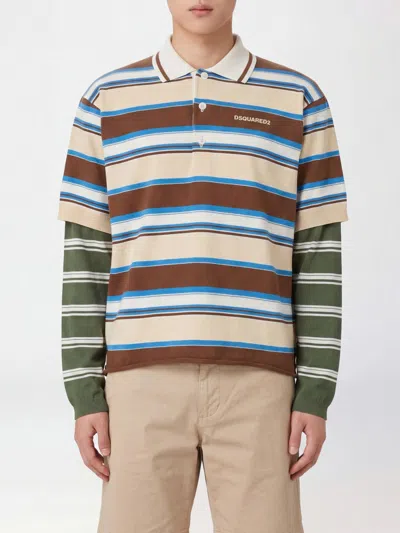 Dsquared2 Multicolor Polo Shirt With Logo Lettering On The Front And All-over Striped Print In Cotton Man