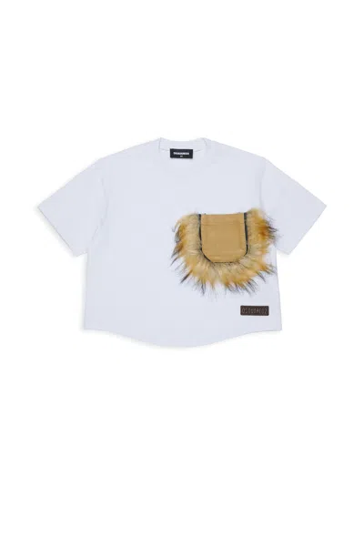 Dsquared2 Kids' Faux-fur-trim Corduroy-pocket T-shirt In White