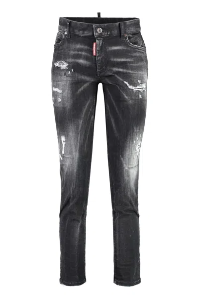 Dsquared2 Twiggy Stretch Cotton Cropped Jeans In Nero
