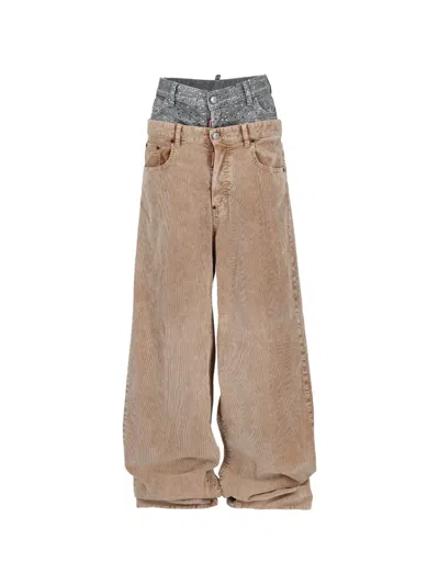 Pre-owned Dsquared2 Twin Pack Layered Corduroy Trousers In Neutrals