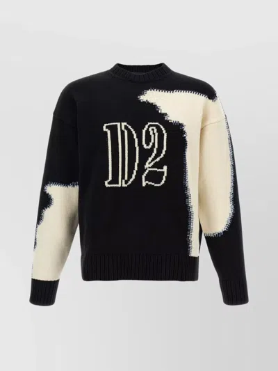 Dsquared2 Two-tone Crew Neck Sweater With Graphic Design In Black