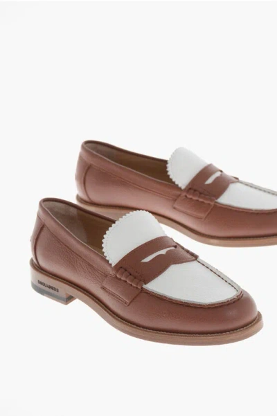 Dsquared2 Two-tone Hammered Leather Penny Loafers In Brown