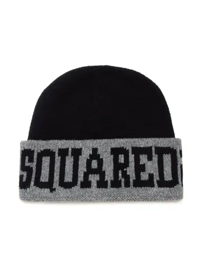 Dsquared2 Kids' Two-tone Logo-intarsia Beanie In Black