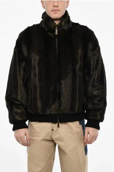 Dsquared2 Vegan Fur Bomber With Faux-leather Logo