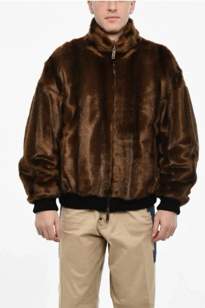 Dsquared2 Vegan Fur Bomber With Faux-leather Logo In Multi