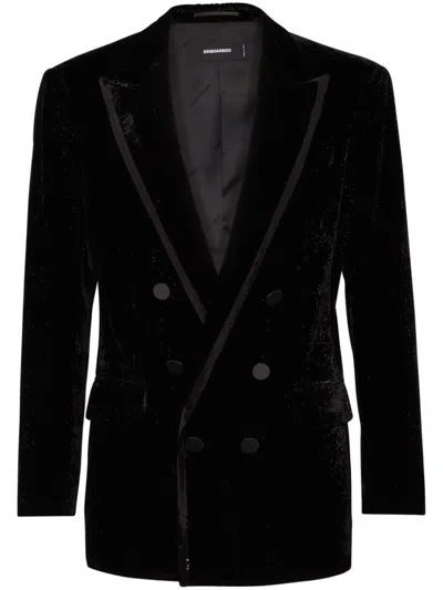Dsquared2 Velvet Double-breasted Blazer In 黑色