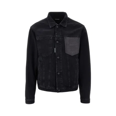Dsquared2 Versized Denim Jacket With Leather Pocket In Black