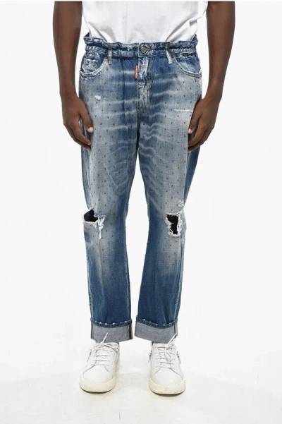 Dsquared2 Vintage Effect Big Brother Jeans With All-over Studs 18cm In Blue