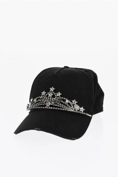 Dsquared2 Vintage Effect Cap With Frontal Maxi Jewels In Black