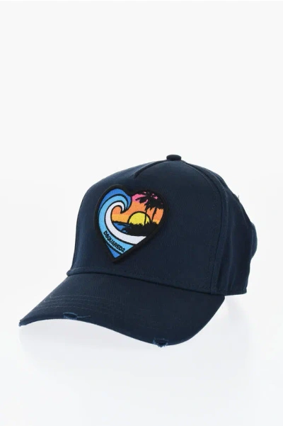 Dsquared2 Vintage Effect Cap With Heart Embroidery In Blue