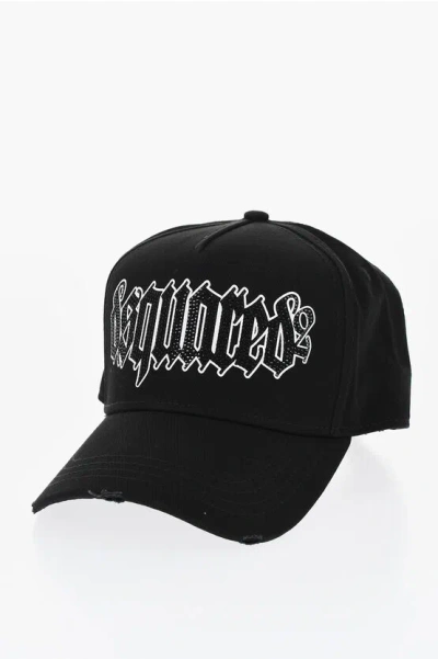 Dsquared2 Vintage Effect Cap With Rhinestone And Gothic Print Logo In Nero+nero