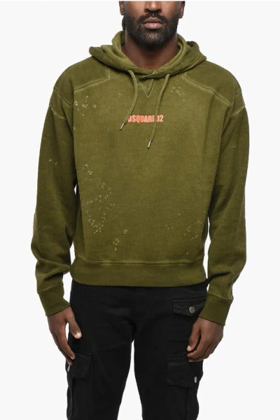 Dsquared2 Vintage Effect Cipro Fit Hoodie With Printed Logo In Green