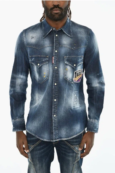 Dsquared2 Vintage Effect Denim Overshirt With Snap Buttons In Blue