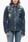 Dsquared2 Vintage Effect Denim Shirt With Metallic Effect Patches In Blue