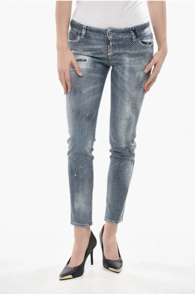 Dsquared2 Vintage-effect Jeans Jennifer With All-over Rhinestones 14cm In Gray