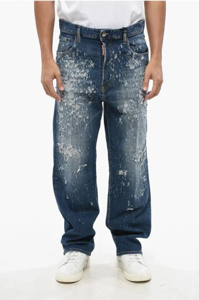Dsquared2 Vintage Effect Loose Jeans With Leather Patch 22cm In Blue