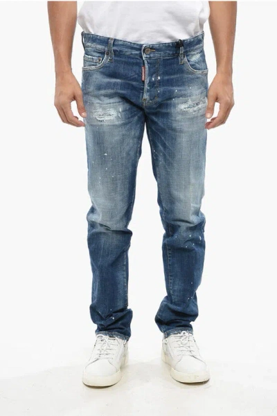 Dsquared2 Vintage Effect Stretch Denim Slim Jeans With Embossed Logo 1 In Blue
