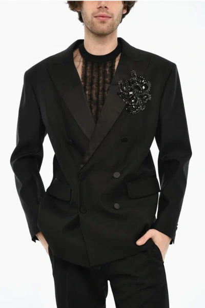 Dsquared2 Virgin Wool And Silk Blazer With Jewels Grösse 54 In Black