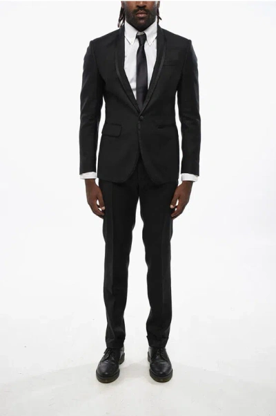 Dsquared2 Virgin Wool And Silk Center Vent Collarless 1-button Suit In Black