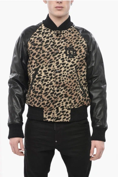 Dsquared2 Virgin Wool Bomber With Animal-print And Snap Buttons In Multi