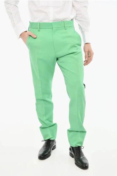 Dsquared2 Virgin Wool Cigarette Fit Pants With Rhinestone Side Band Grösse 50 In Green