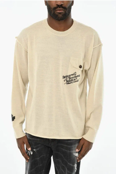 Dsquared2 Virgin Wool Crew-neck Sweater With Print In Neutral
