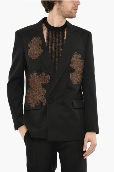 Dsquared2 Virgin Wool Double Breast Blazer With Sequined Grösse 52 In Black
