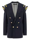 Dsquared2 Double-breasted Wool Blazer With Embroidered Hard Shoulders In Blue