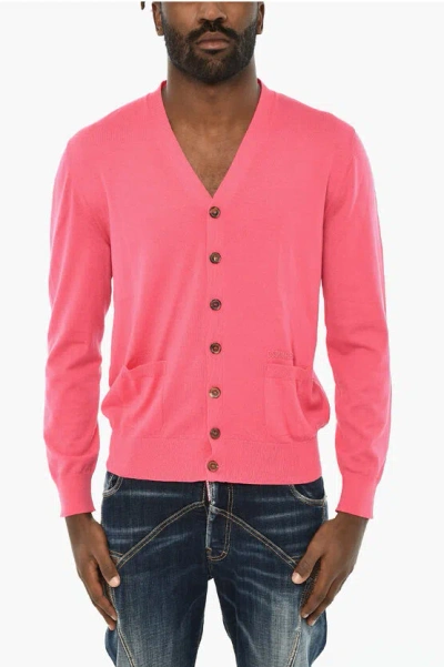 Dsquared2 Virgin Wool V-neck Cardigan With Two-pockets In Pink