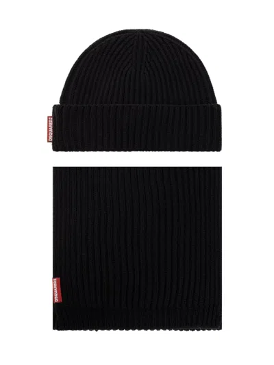 Dsquared2 Warmy Logo Tag Beanie And Scarf Set In Black