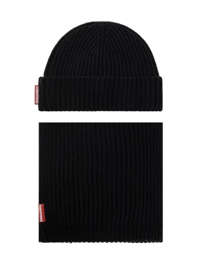 Dsquared2 Warmy Logo Tag Beanie And Scarf Set In Black