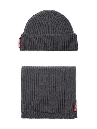 Dsquared2 Warmy Logo Tag Beanie And Scarf Set In Gray