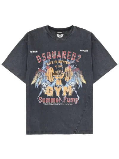 DSQUARED2 WASHED BLACK COTTON GYM PRINTED T-SHIRT