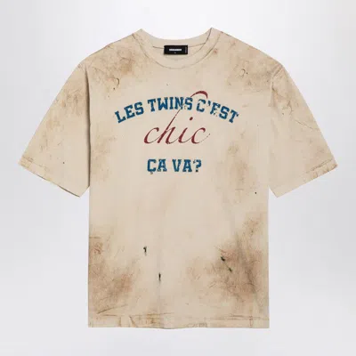DSQUARED2 WASHED COTTON CREW NECK T-SHIRT WITH CONTRAST PRINT