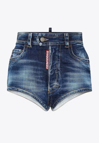 Dsquared2 Washed Denim Mini Shorts In Blue