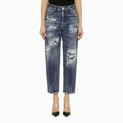DSQUARED2 WASHED-OUT NAVY BLUE COTTON DENIM JEANS FOR WOMEN WITH WEAR AND TEAR