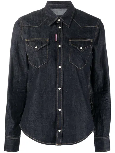 Dsquared2 Western-inspired Denim Shirt With Dual Chest Pockets And Contrast Stitching In Black