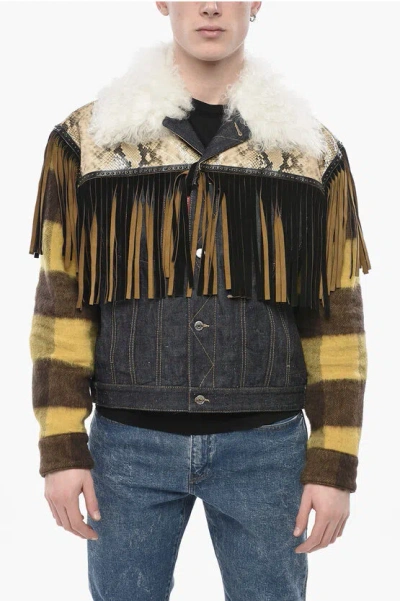 Dsquared2 Western Mesh-up Jacket In Mixed Fabrics With Fringes In Multi
