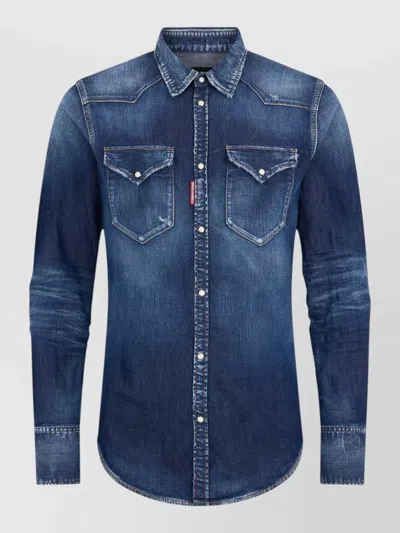 Dsquared2 Western Shirt Faded Wash Chest Pockets Yoke In Blue