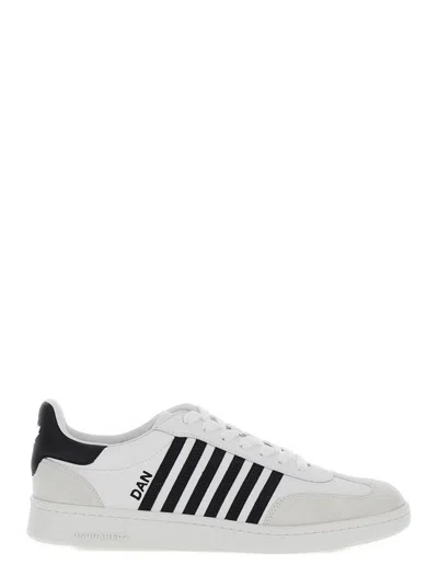 DSQUARED2 DSQUARED2 WHITE AND BLACK LOW TOP SNEAKERS WITH CONTRASTING BANDS IN LEATHER MAN