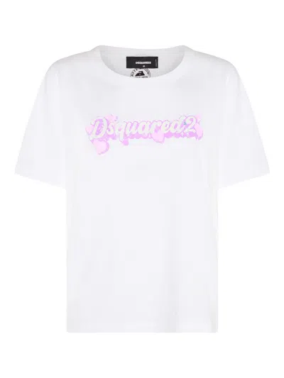 DSQUARED2 WHITE AND PINK COTTON T-SHIRT 