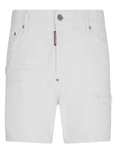 Dsquared2 White Bull Denim Shorts In Bianco