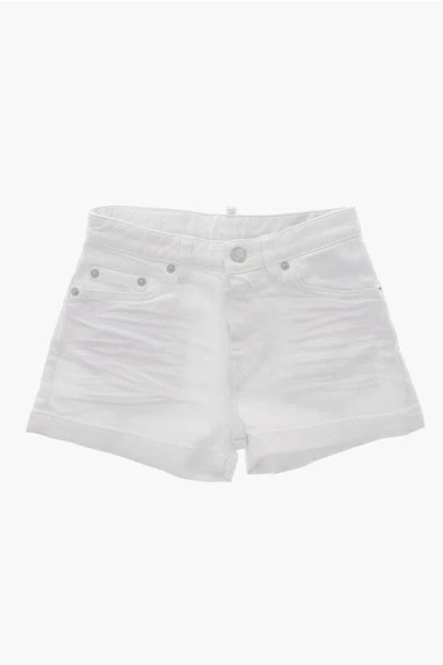 Dsquared2 White Bull Light Wash Shorts With Logo Button In Gray