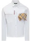 Dsquared2 White Cotton Denim Carpenter Shirt With Checked Pocket Square In White
