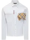 Dsquared2 White Cotton Denim Carpenter Shirt With Checked Pocket Square