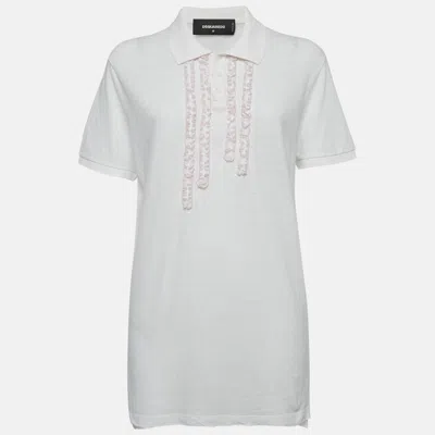 Pre-owned Dsquared2 White Cotton Ruffle Detail Polo T-shirt M